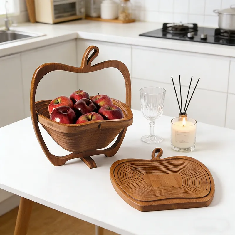 Natural Bamboo Foldable Fruit Basket Collapsible Creative Apple Shaped Fruit Bowl Multifunction Heat Resistant Bamboo Trivets Pot Mat Hot Pan Pads